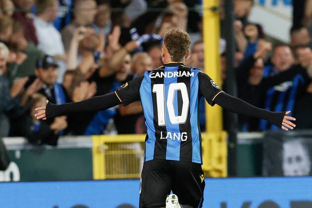 Club s Noa Lang celebrates after scoring during a soccer match between Club Brugge KV and KV Oostende, Friday 10 September 2021 in Brugge, on day 7 of the 2021-2022 Jupiler Pro League first division of the Belgian championship. BRUNOxFAHY  x3084718x