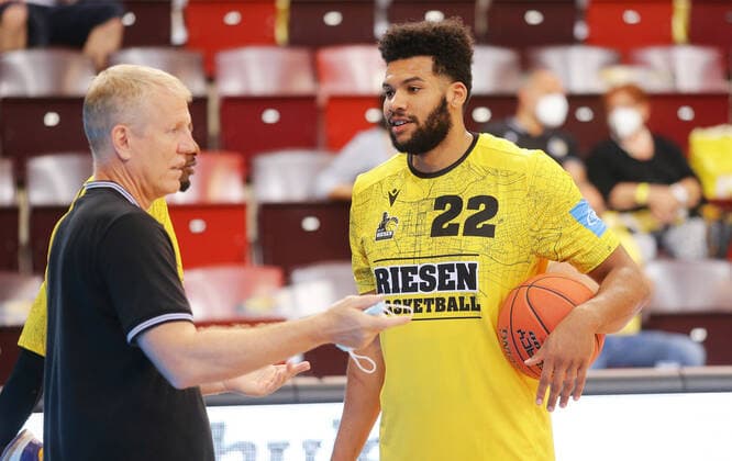 Ludwigsburg , Season Opening , Basketball MHP Riesen Ludwigsburg vs Merlins Crailsheim , from left John Patrick Yoeli Childs Riesen