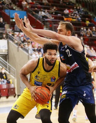 Ludwigsburg , Season Opening , Basketball MHP Riesen Ludwigsburg vs Merlins Crailsheim , from left Yoeli Childs Riesen Dejan Kovacevic Merlins