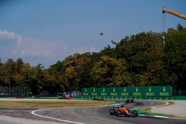 September 12, 2021, Monza, Italy: DANIEL RICCIARDO of Australia and McLaren F1 Team leads at the start of the 2021 FIA Formula 1 Italian Grand Prix at Autodromo Nazionale Monza in Monza, Italy. Monza Italy - ZUMAg147 20210912_zap_g147_029 Copyright: xJamesxGasperottix