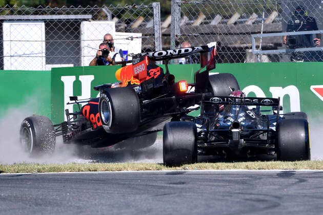 VERSTAPPEN Max F1 Team Red Bull Racing in crash with HAMILTON Lewis Team Mercedes AMG F1 Formula one GP of Italy 2021 at Monza on 12 September 2021