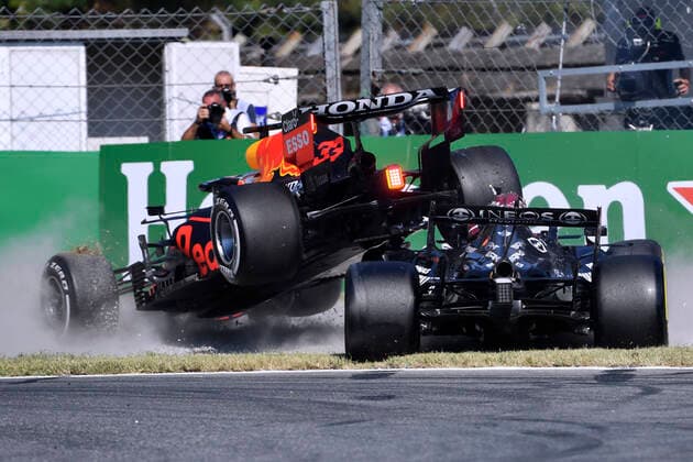 VERSTAPPEN Max F1 Team Red Bull Racing in crash with HAMILTON Lewis Team Mercedes AMG F1 Formula one GP of Italy 2021 at Monza on 12 September 2021