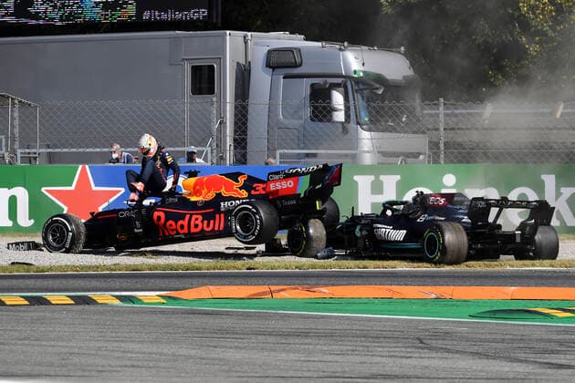 VERSTAPPEN Max F1 Team Red Bull Racing in crash with HAMILTON Lewis Team Mercedes AMG F1 Formula one GP of Italy 2021 at Monza on September 12, 2021