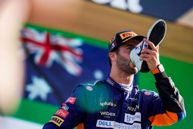 September 12, 2021, Monza, Italy: DANIEL RICCIARDO of Australia and McLaren F1 Team is seen on the podium after winning the 2021 FIA Formula 1 Italian Grand Prix at Autodromo Nazionale Monza in Monza, Italy. Monza Italy - ZUMAg147 20210912_zap_g147_070 Copyright: xJamesxGasperottix