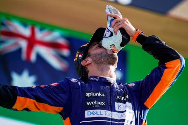 September 12, 2021, Monza, Italy: DANIEL RICCIARDO of Australia and McLaren F1 Team is seen on the podium after winning the 2021 FIA Formula 1 Italian Grand Prix at Autodromo Nazionale Monza in Monza, Italy. Monza Italy - ZUMAg147 20210912_zap_g147_071 Copyright: xJamesxGasperottix