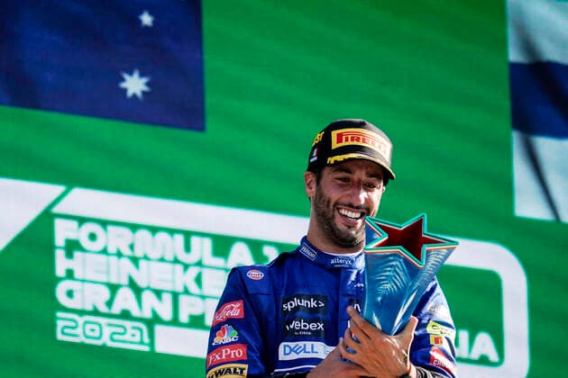 September 12, 2021, Monza, Italy: DANIEL RICCIARDO of Australia and McLaren F1 Team is seen on the podium after winning the 2021 FIA Formula 1 Italian Grand Prix at Autodromo Nazionale Monza in Monza, Italy. Monza Italy - ZUMAg147 20210912_zap_g147_063 Copyright: xJamesxGasperottix