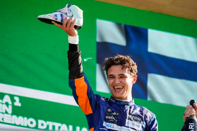 September 12, 2021, Monza, Italy: LANDO NORRIS of Great Britain and McLaren F1 Team is seen on the podium after finishing second in the 2021 FIA Formula 1 Italian Grand Prix at Autodromo Nazionale Monza in Monza, Italy. Monza Italy - ZUMAg147 20210912_zap_g147_073 Copyright: xJamesxGasperottix