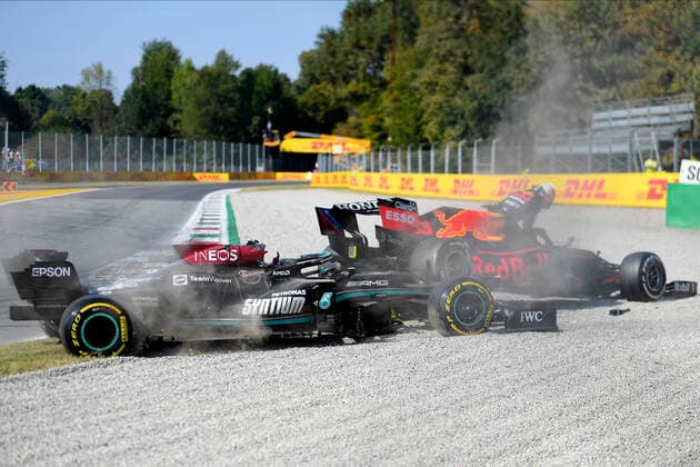 VERSTAPPEN Max F1 Team Red Bull Racing in crash with HAMILTON Lewis Team Mercedes AMG F1 Formula one GP of Italy 2021 at Monza on September 12, 2021