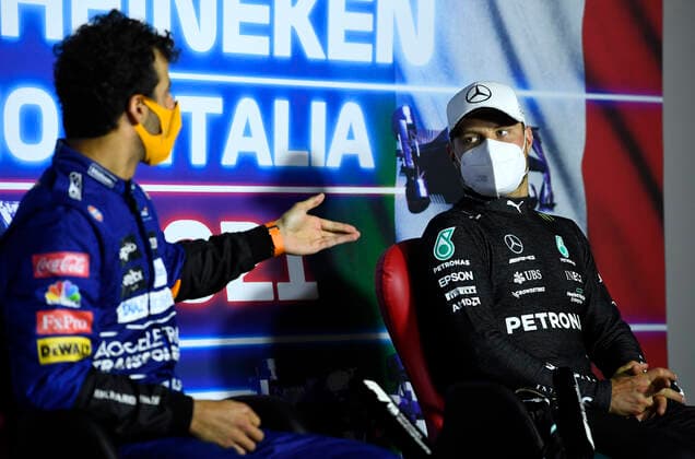 F1 Grand Prix of Italy 3 Daniel Ricciardo (AUS, McLaren F1 Team), 77 Valtteri Bottas (FIN, Mercedes-AMG Petronas F1 Team), F1 Grand Prix of Italy at Autodromo Nazionale Monza on September 12, 2021 in Monza, Italy. (Photo by Rudy Carezzevoli Getty Images FIA Pool via HOCH ZWEI) Monza Autodromo di Monza Italy Poolfoto HOCH ZWEI Pool Getty Images ,EDITORIAL USE ONLY
