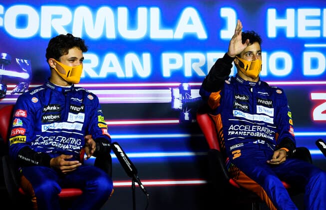 F1 Grand Prix of Italy 4 Lando Norris (GBR, McLaren F1 Team), 3 Daniel Ricciardo (AUS, McLaren F1 Team), F1 Grand Prix of Italy at Autodromo Nazionale Monza on September 12, 2021 in Monza, Italy. (Photo by Rudy Carezzevoli Getty Images FIA Pool via HOCH ZWEI) Monza Autodromo di Monza Italy Poolfoto HOCH ZWEI Pool Getty Images ,EDITORIAL USE ONLY