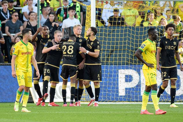 Joie des joueurs de l equipe Nice apres le but de Kasper DOLBERG ( 9 - Nice ) - FOOTBALL : Nantes vs Nice - Ligue 1 - Nantes - 12 09 2021 FedericoPestellini Panoramic 