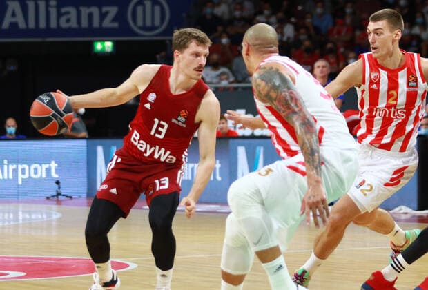 13 Andreas Obst FCBB vs 2 Stefan Lazarevic and Maik Zirbes Red Star Basketball, Magenta Sport Cup, FC Bayern Basketball Red Star Belgrade at Audi Dome on 12 09 2021, PHOTO Mladen Lackovic LakoPress