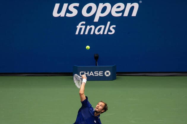 (210913) -- NEW YORK, Sept. 13, 2021 -- Daniil Medvedev of Russia serves during the men s singles final between Novak Djokovic of Serbia and Daniil Medvedev of Russia at the 2021 US Open in New York, the United States, Sept. 12, 2021. (Photo by Xinhua) (SP)U.S.-NEW YORK-TENNIS-US OPEN-MEN S SINGLES-FINAL MichaelxNagle 