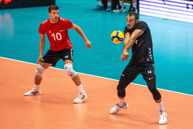 From left Julian Zenger and Moritz Karlitzek (both of GER) in action during the men s volleyball Europe Championship match Germany vs Bulgaria 3-1 (14, -18, 19, 22) in Ostrava, Czech Republic, September 12, 2021. (CTKxPhoto VladimirxPrycek) CTKPhotoP2021091208019  PRY 0026 (K)