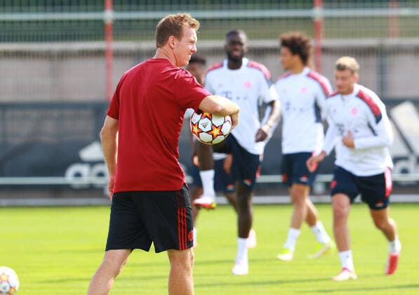 Coach Julian Nagelsmann, his players 2 Dayot Upamecano, 10 Leroy Sane, Michael Cuisance Football Champions League FC Bayern Muenchen enchen final training before the match against FC Barcelona 13 09 2021 Training ground, Saebenerstr PHOTO Mladen Lackovic LakoPress