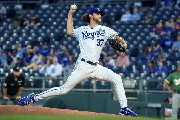 Kansas City Royals starting pitcher Jackson Kowar (37) pitches against the Oakland Athletics in the first inning at Kauffman Stadium in Kansas City, Missouri on Tuesday, September 14, 2021.  KCP20210914102 KYLExRIVAS