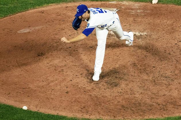 Kansas City Royals relief pitcher Jake Brentz (59) errors as he throws a pitch into the pitchers mound while throwing against the Oakland Athletics in the sixth inning at Kauffman Stadium in Kansas City, Missouri on Tuesday, September 14, 2021.  KCP20210914119 KYLExRIVAS