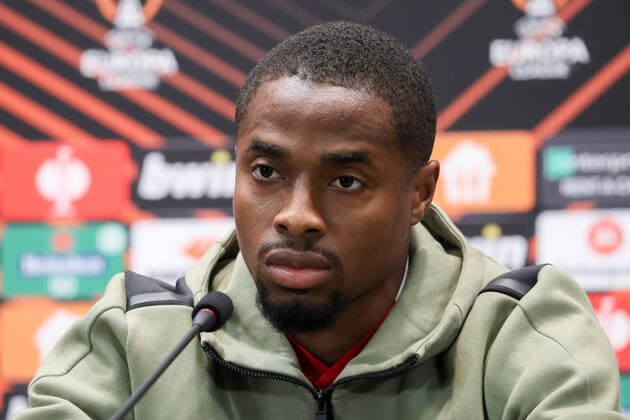 MOSCOW, RUSSIA - SEPTEMBER 15, 2021: Player Francois Kamano is seen during a press conference, PK, Pressekonferenz by FC Lokomotiv Moscow on the eve of a 2021 22 UEFA Europa League Group E match against Olympique de Marseille; the game is scheduled for September 16, 2021. Sergei Savostyanov TASS  TS1107D9