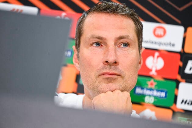 Antwerp s head coach Brian Priske pictured during a press conference, PK, Pressekonferenz of Belgian soccer team Royal Antwerp FC, Wednesday 15 September 2021, in Piraeus, Athens, Greece, in preparation of tomorrow s Europa League game against Greek soccer team Olympiacos F.C., on the first day (out of six) in the Group D of the UEFA Conference League group stage. LAURIExDIEFFEMBACQ  x3087884x