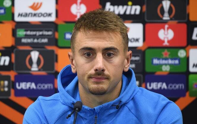 6651484 15.09.2021 Marseille s Valentin Rongier speaks to the media during a news conference ahead of the Europa League soccer match against Lokomotiv Moscow, in Moscow, Russia. Ramil Sitdikov Sputnik Russia Europa League Marseille Training  6fc3378ffa2d225