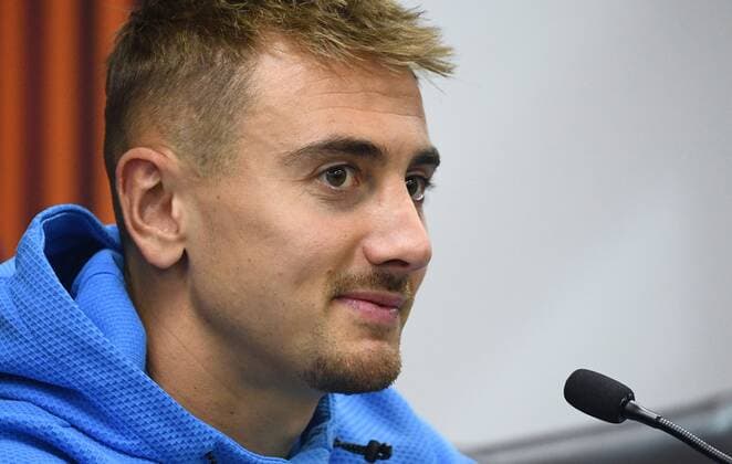 6651487 15.09.2021 Marseille s Valentin Rongier speaks to the media during a news conference ahead of the Europa League soccer match against Lokomotiv Moscow, in Moscow, Russia. Ramil Sitdikov Sputnik Russia Europa League Marseille Training  e2371556fd026acb