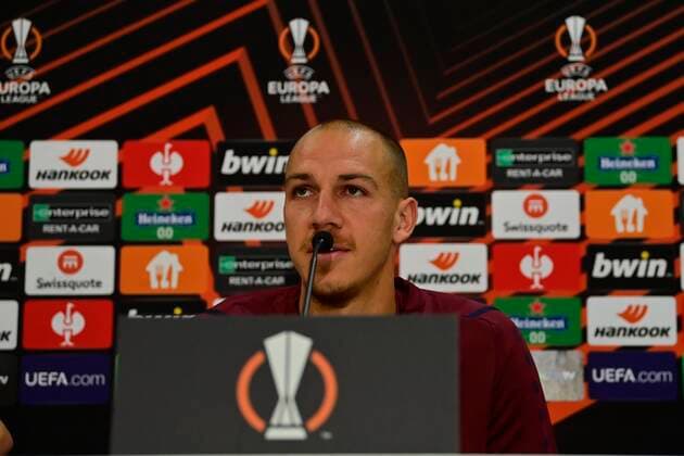 ATHENS, GREECE - SEPTEMBER 15 : Michael Frey forward of Antwerp FC pictured during a press conference, PK, Pressekonferenz of Royal Antwerp FC prior to the Europa League game against Olympiacos on September 15, 2021 in Athens, Greece, 15 09 2021 ( Photo by Photonews FOOTBALL : media activities Royal Antwerp FC - Europa League - 15 09 2021 PHOTONEWS PANORAMIC 