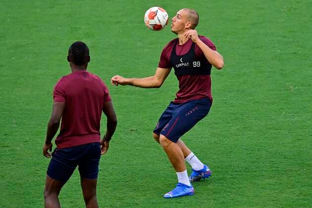 ATHENS, GREECE - SEPTEMBER 15 : Michael Frey forward of Antwerp FC pictured during a training sessiopn of Royal Antwerp FC prior to the Europa League game against Olympiacos on September 15, 2021 in Athens, Greece, 15 09 2021 FOOTBALL : media activities Royal Antwerp FC - Europa League - 15 09 2021 PHOTONEWS PANORAMIC 