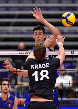 Alessandro Michieletto (ITA) and Florian Krage (GER) in action during the Men s European Volleyball Championship quarterfinal match Italy vs Germany, played in Ostrava, Czech Republic, September 15, 2021. (CTKxPhoto JaroslavxOzana) CTKPhotoP2021091507611  JAO 16