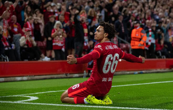 (210916) -- LIVERPOOL, Sept. 16, 2021 -- Liverpool s Trent Alexander-Arnold celebrates the first goal during the UEFA Champions League Group B match between Liverpool and AC Milan at Anfield in Liverpool, Britain, on Sept. 15, 2021. FOR EDITORIAL USE ONLY. NOT FOR SALE FOR MARKETING OR ADVERTISING CAMPAIGNS. NO USE WITH UNAUTHORIZED AUDIO, VIDEO, DATA, FIXTURE LISTS, CLUB LEAGUE LOGOS OR LIVE SERVICES. SUN OUT. ONLINE IN-MATCH USE LIMITED TO 45 IMAGES, NO VIDEO EMULATION. NO USE IN BETTING, GAMES OR SINGLE CLUB LEAGUE PLAYER PUBLICATIONS. (SP) BRITAIN-LIVERPOOL-FOOTBALL-UEFA CHAMPIONS LEAGUE-LIVERPOOL VS AC MILAN HanxYan