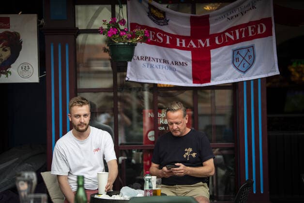 Mandatory Credit: Photo by Simon Dael Shutterstock (12446971d) West Ham United fans Dinamo Zagreb v West Ham United, UEFA Europa League, Group H, Football, Stadion Maksimir, Zagreb, Croatia - 16 Sep 2021 EDITORIAL USE ONLY No use with unauthorised audio, video, data, fixture lists, club league logos or live services. Online in-match use limited to 120 images, no video emulation. No use in betting, games or single club league player publications. Dinamo Zagreb v West Ham United, UEFA Europa League, Group H, Football, Stadion Maksimir, Zagreb, Croatia - 16 Sep 2021 EDITORIAL USE ONLY No use with unauthorised audio, video, data, fixture lists, club league logos or live services. Online in-match use limited to 120 images, no video emulation. No use in betting, games or single club league player publications. Copyright: xSimonxDael Shutterstockx 12446971d