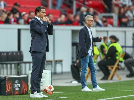Gerardo Seoane Bayer 04 Leverkusen, Head Coach and Rebrov Sergei Ferencvaros Budapest Ferencvarosi Torna Club, Head Coach , GER, Bayer 04 Leverkusen vs Ferencvaros Budapest Ferencvarosi Torna Club, UEFA Europa League Group G, Group Stage, Season 2021 2022, 16 09 2021, , DFB DFL regulations prohibit any use of photographs as image sequences and or quasi video , GER, Bayer 04 Leverkusen vs Ferencvaros Budapest Ferencvarosi Torna Club, UEFA Europa League Group G, Group stage, Match time 2021 2022, 16 09 2021 Leverkusen Copyright: xEibner-Pressefoto GabrielxBoiax EP_GBA