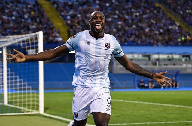 Mandatory Credit: Photo by Simon Dael Shutterstock (12446971bn) Michail Antonio of West Ham United scores and celebrates 0-1 Dinamo Zagreb v West Ham United, UEFA Europa League, Group H, Football, Stadion Maksimir, Zagreb, Croatia - 16 Sep 2021 EDITORIAL USE ONLY No use with unauthorised audio, video, data, fixture lists, club league logos or live services. Online in-match use limited to 120 images, no video emulation. No use in betting, games or single club league player publications. Dinamo Zagreb v West Ham United, UEFA Europa League, Group H, Football, Stadion Maksimir, Zagreb, Croatia - 16 Sep 2021 EDITORIAL USE ONLY No use with unauthorised audio, video, data, fixture lists, club league logos or live services. Online in-match use limited to 120 images, no video emulation. No use in betting, games or single club league player publications. Copyright: xSimonxDael Shutterstockx 12446971bn