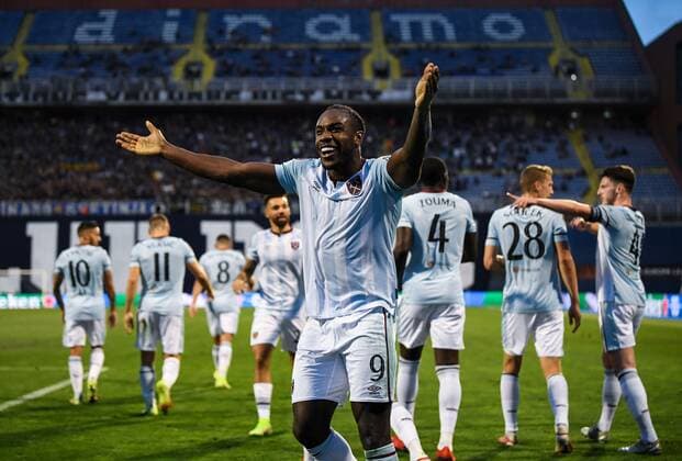 Mandatory Credit: Photo by Simon Dael Shutterstock (12446971bu) Michail Antonio of West Ham United scores and celebrates 0-1 Dinamo Zagreb v West Ham United, UEFA Europa League, Group H, Football, Stadion Maksimir, Zagreb, Croatia - 16 Sep 2021 EDITORIAL USE ONLY No use with unauthorised audio, video, data, fixture lists, club league logos or live services. Online in-match use limited to 120 images, no video emulation. No use in betting, games or single club league player publications. Dinamo Zagreb v West Ham United, UEFA Europa League, Group H, Football, Stadion Maksimir, Zagreb, Croatia - 16 Sep 2021 EDITORIAL USE ONLY No use with unauthorised audio, video, data, fixture lists, club league logos or live services. Online in-match use limited to 120 images, no video emulation. No use in betting, games or single club league player publications. Copyright: xSimonxDael Shutterstockx 12446971bu