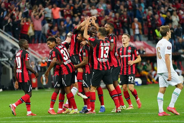 GER, UEFA EL Bayer 04 Leverkusen GER vs Ferencevaros Budapest HUN 16 09 2021, BayArena, Leverkusen, Europalegue, group stage, matchday 1, GER, UEFA EL Bayer 04 Leverkusen GER vs Ferencevaros Budapest HUN , in picture 1 1 by Paulinho Leverkusen 7 , goal jubilation jubilation jubilation, Lucas Alario Leverkusen 13 , Paulinho Leverkusen 7 , Kerem Demirbay Leverkusen 10 , Moussa Diaby Leverkusen 19 , Odilon Kossounou Leverkusen 6 , nordphotoxGmBHx xMeuter nph00351