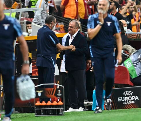 Coach Fatih Terim (R) of Galatasaray and Coach Maurizio Sarri (L) of Lazio during the UEFA Europa League Group E match between Galatasaray and Lazio at Turk Telekom Stadium in Istanbul , Turkey on September 16, 2021. 