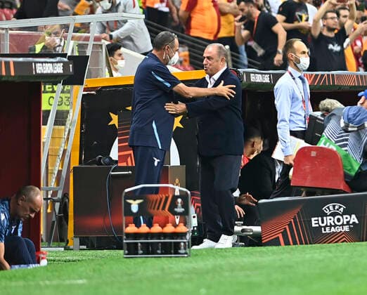 Coach Fatih Terim (R) of Galatasaray and Coach Maurizio Sarri (L) of Lazio during the UEFA Europa League Group E match between Galatasaray and Lazio at Turk Telekom Stadium in Istanbul , Turkey on September 16, 2021. 