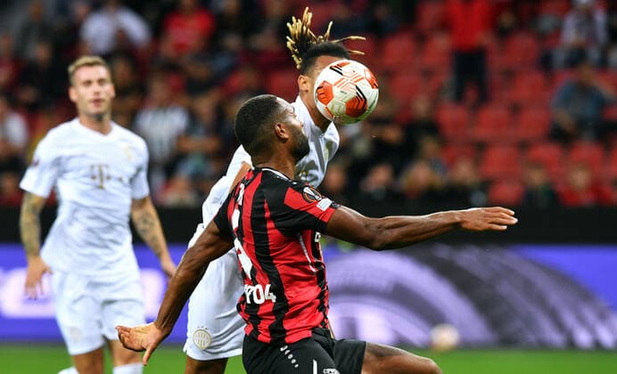 Football, UEFA Europa League, Men, 2020 2021 season, Group G, Matchday 1, BayArena Leverkusen, Bayer Leverkusen red Ferencvaros Budapest white Jonathan Tah LEV , Samy Mmaee BUD Action UEFA REGULATES PROHIBIT ANY USE OF PHOTOGRAPHS AS IMAGE SEQUENCES AND OR QUASI VIDEO