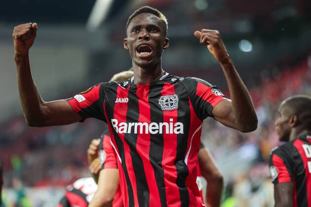 16 09 2021, Football, 2021 2022 season, UEFA Europa League, Group stage, Matchday 1, Bayer 04 Leverkusen Ferencvaros Budapest Odilon Kossounou Bayer 04 Leverkusen celebrates scoring 2 1 Photo RHR Photo Dennis Ewert Leverkusen BayArena NRW Germany xRHR PHOTO DEx