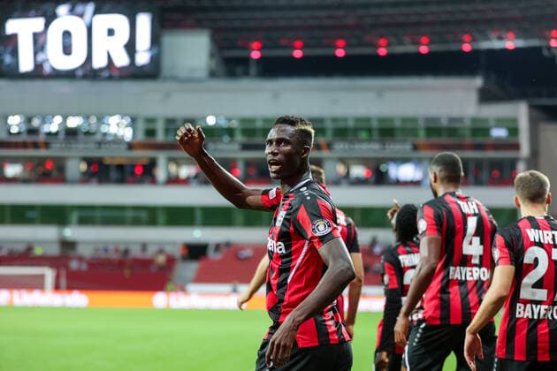 16 09 2021, Football, 2021 2022 season, UEFA Europa League, Group stage, Matchday 1, Bayer 04 Leverkusen Ferencvaros Budapest Odilon Kossounou Bayer 04 Leverkusen celebrates scoring 2 1 Photo RHR Photo Dennis Ewert Leverkusen BayArena NRW Germany xRHR PHOTO DEx