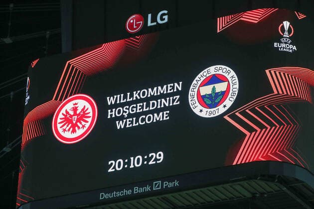 Football UEFA Europa League 01 Matchday Eintracht Frankfurt Fenerbahce SK on 16 09 2021 at Deutsche Bank Park in Frankfurt Scoreboard Video Cube with Welcome UR