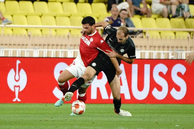 Fußball, EL, AS Monaco - SK Sturm Graz Kevin Volland (AS Monaco) - Jon Gorenc Stankovic (Sturm Graz) FOOTBALL : AS Monaco vs Sturm Graz - Ligue Europa - Monaco - 16 09 2021 NorbertScanella PanoramiC 