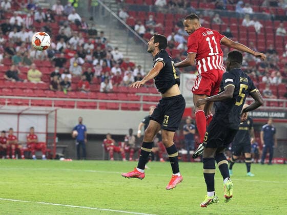 Olympiacos F.C. v Royal Antwerp UEFA Europa League Youssef El-Arabi of Olympiacos F.C. heads the ball to score his team s first goal during the UEFA Europa League Group D match at Karaiskakis Stadium, Piraeus Content Not Available For UK Newspapers Copyright: xYannisxHalasx FIL-15879-0037