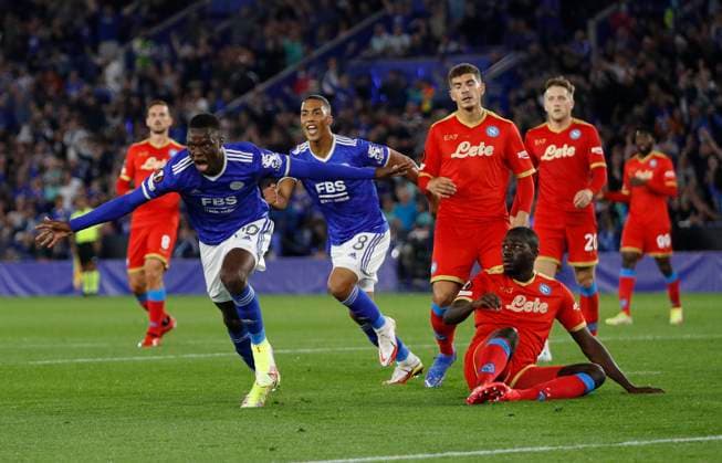 Fußball, EL, Leicester City - SSC Neapel Leicester, England, 16th September 2021. Patson Daka of Leicester City celebrates scoring before it is ruled out for offside during the UEFA Europa League match at the King Power Stadium, Leicester. Picture credit should read: Darren Staples Sportimage EDITORIAL USE ONLY. No use with unauthorised audio, video, data, fixture lists, club league logos or live services. Online in-match use limited to 120 images, no video emulation. No use in betting, games or single club league player publications. SPI-1197-0052