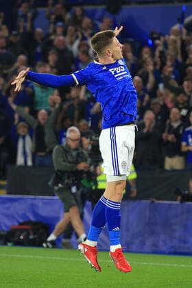Fußball UEFA Europa League Gruppe C Leicester City v SSC Napoli 16. September 2021 UEFA Europa League Gruppe C Leicester City v SSC Napoli Harvey Barnes von Leicester City feiert seinen zweiten Treffer Foto Simon Stacpoole Abseits Leicester UK  Copyright: xSimonxStacpoolexOffside