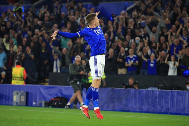 Fußball UEFA Europa League Gruppe C Leicester City v SSC Napoli 16. September 2021 UEFA Europa League Gruppe C Leicester City v SSC Napoli Harvey Barnes von Leicester City feiert seinen zweiten Treffer Foto Simon Stacpoole Abseits Leicester UK  Copyright: xSimonxStacpoolexOffside