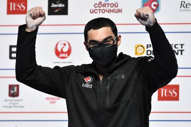 6652619 16.09.2021 Bronze medalist Noah Bratschi, of the United States, celebrates on the podium during the awarding ceremony for men s speed competition at Climbing World Championships, in Moscow, Russia. Pavel Bednyakov Sputnik Russia Climbing World Championships Speed  a37e6abfd08d9379