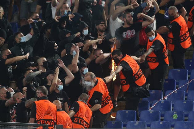 ROME, Italy - 16.09.2021: CSKA SOFIA fans burn as roma flag at end of the Uefa Europe Conference League, group C football match between As Roma vs CSKA Sofia at Olympic Stadium in Rome.  Copyright: xMarcoxIacobuccix xIPAx xMarcoxIacobuccix 0