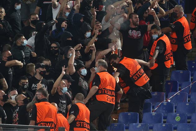 ROME, Italy - 16.09.2021: CSKA SOFIA fans burn as roma flag at end of the Uefa Europe Conference League, group C football match between As Roma vs CSKA Sofia at Olympic Stadium in Rome.  Copyright: xMarcoxIacobuccix xIPAx xMarcoxIacobuccix 0