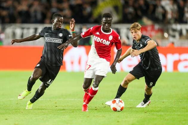 SOCCER - UEFA EL, Monaco vs Sturm MONACO,MONACO,16.SEP.21 - SOCCER - UEFA Europa League, group stage, AS Monaco vs SK Sturm Graz. Image shows Amadou Dante (Sturm), Krepin Diatta (Monaco) and Alexander Prass (Sturm).  GEPAxpictures xPhilippxBrem