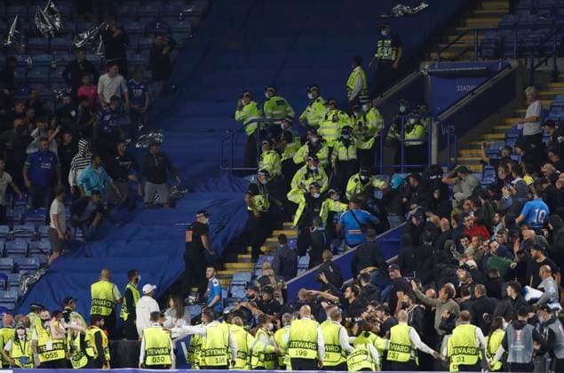 Leicester, England, 16th September 2021. Police keep the two sets of fans apart during the UEFA Europa League match at the King Power Stadium, Leicester. Picture credit should read: Darren Staples Sportimage EDITORIAL USE ONLY. No use with unauthorised audio, video, data, fixture lists, club league logos or live services. Online in-match use limited to 120 images, no video emulation. No use in betting, games or single club league player publications. SPI-1197-0076